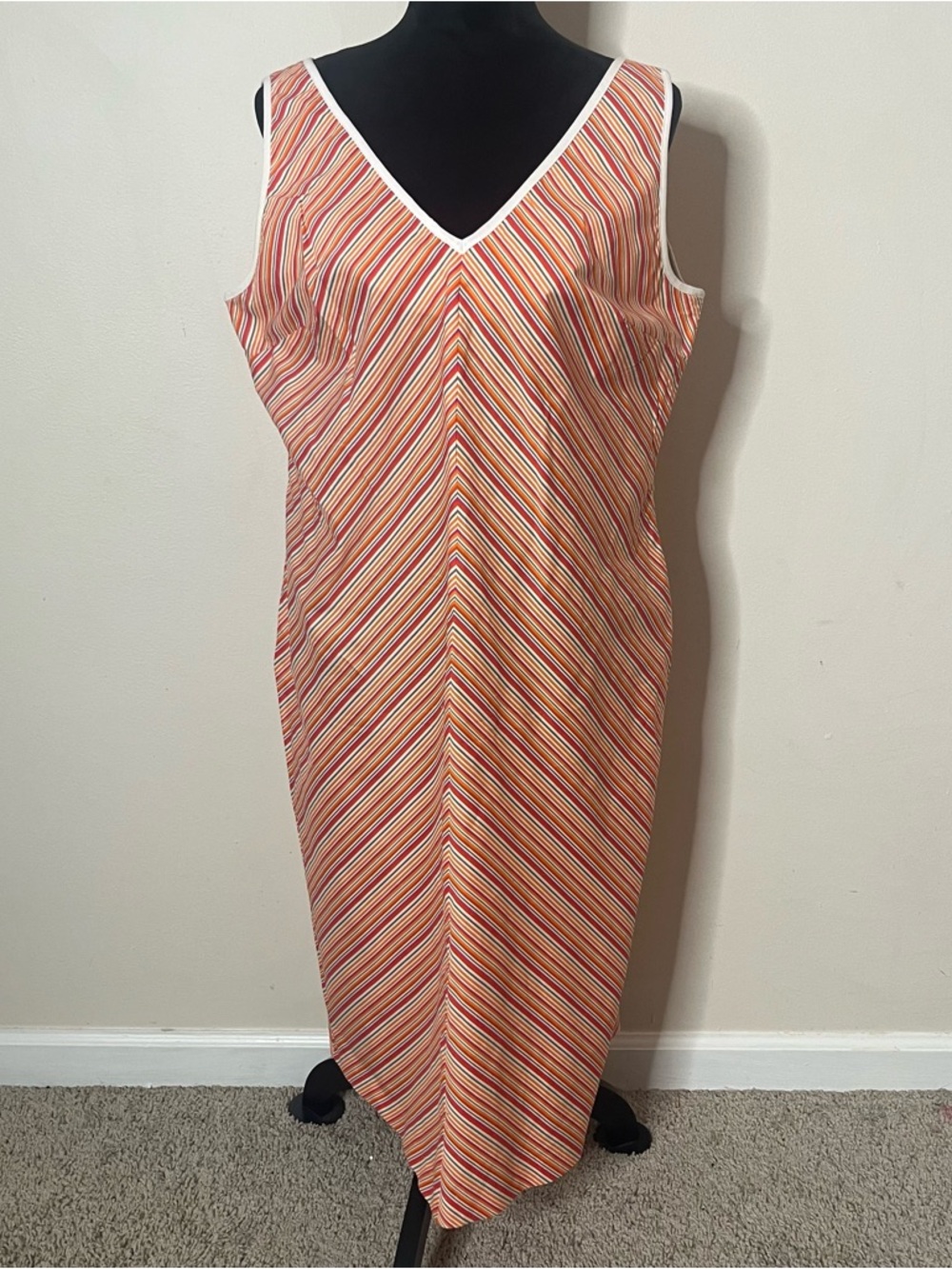 CDC Women’s Orange Chevron Striped V-Neck Sleeveless Stretch Midi Dress Sz M‎